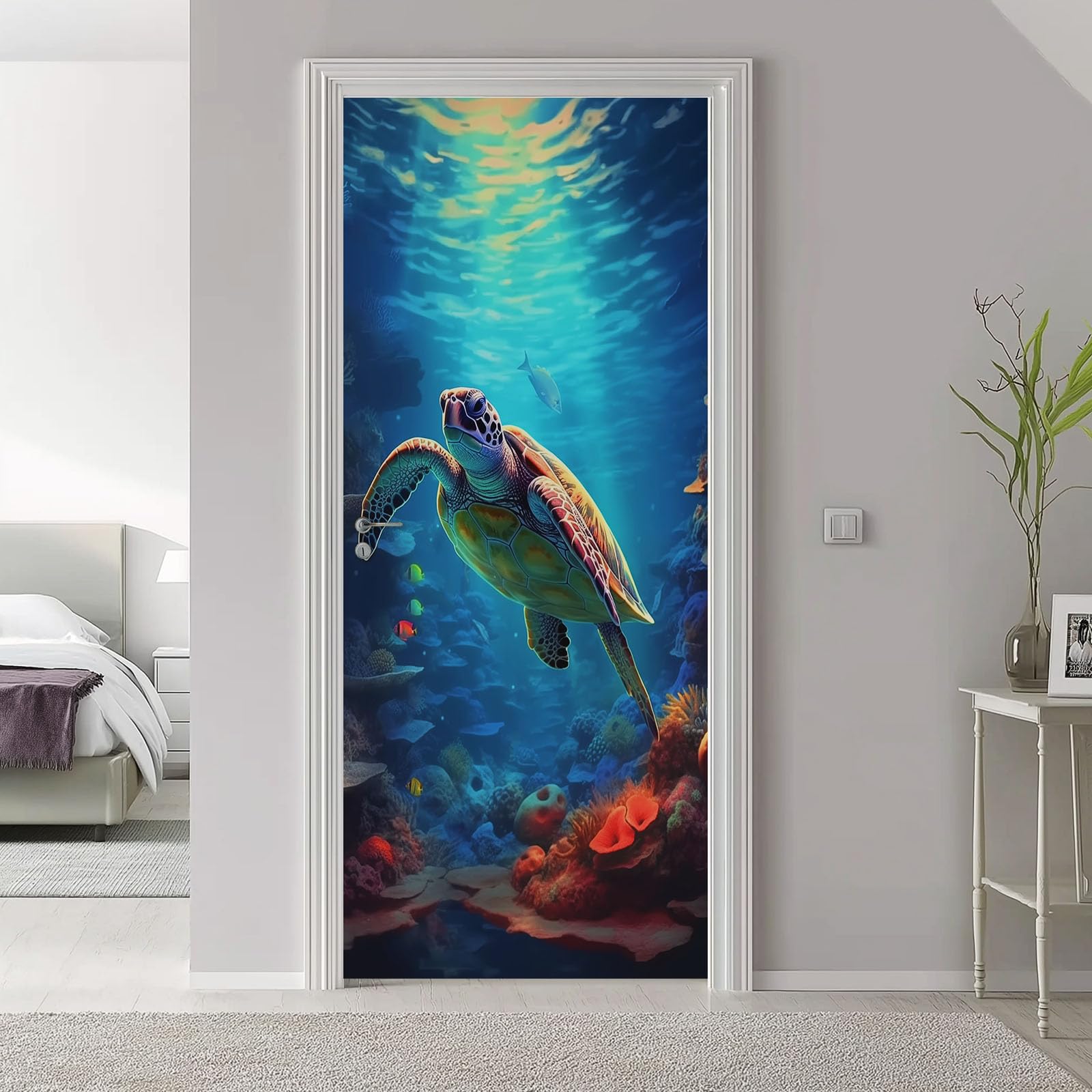 Naklejka na drzwi zwierzę żółw morski 95x215 cm plakat na drzwi naklejki ścienne, samoprzylepna naklejka ścienna koralowy podwodny świat, do sypialni salonu kuchni łazienki, niebieska