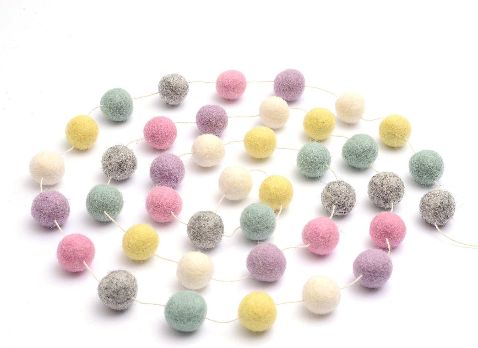 Glaciart One Pom Pom Garland - Wool Felt Ball Garland - 9 Feet, 40 Balls, 6 Pastel Colors, Pom Pom Decorations, Nursery Decor, Bunting, Birthday Party Decorations, Carnival, Photo Prop