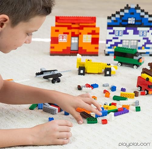 Miniatura 7 de Play Platoon Kit de ladrillos de construcción de 1100 piezas con ruedas, neumáticos, ejes, ventanas y puertas, colores clásicos y pastel