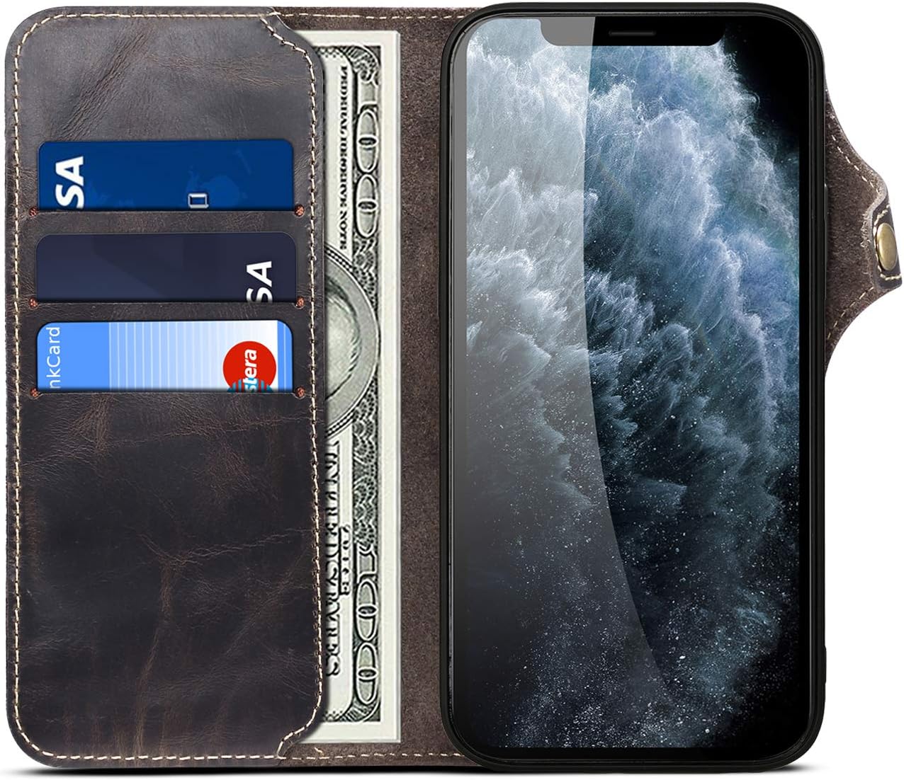 Genuine Leather Wallet Case for iPhone 13,Classic Oil Wax Pattern Real Leather Button Card Slot Flip Stand Case Cover with Lanyard Black