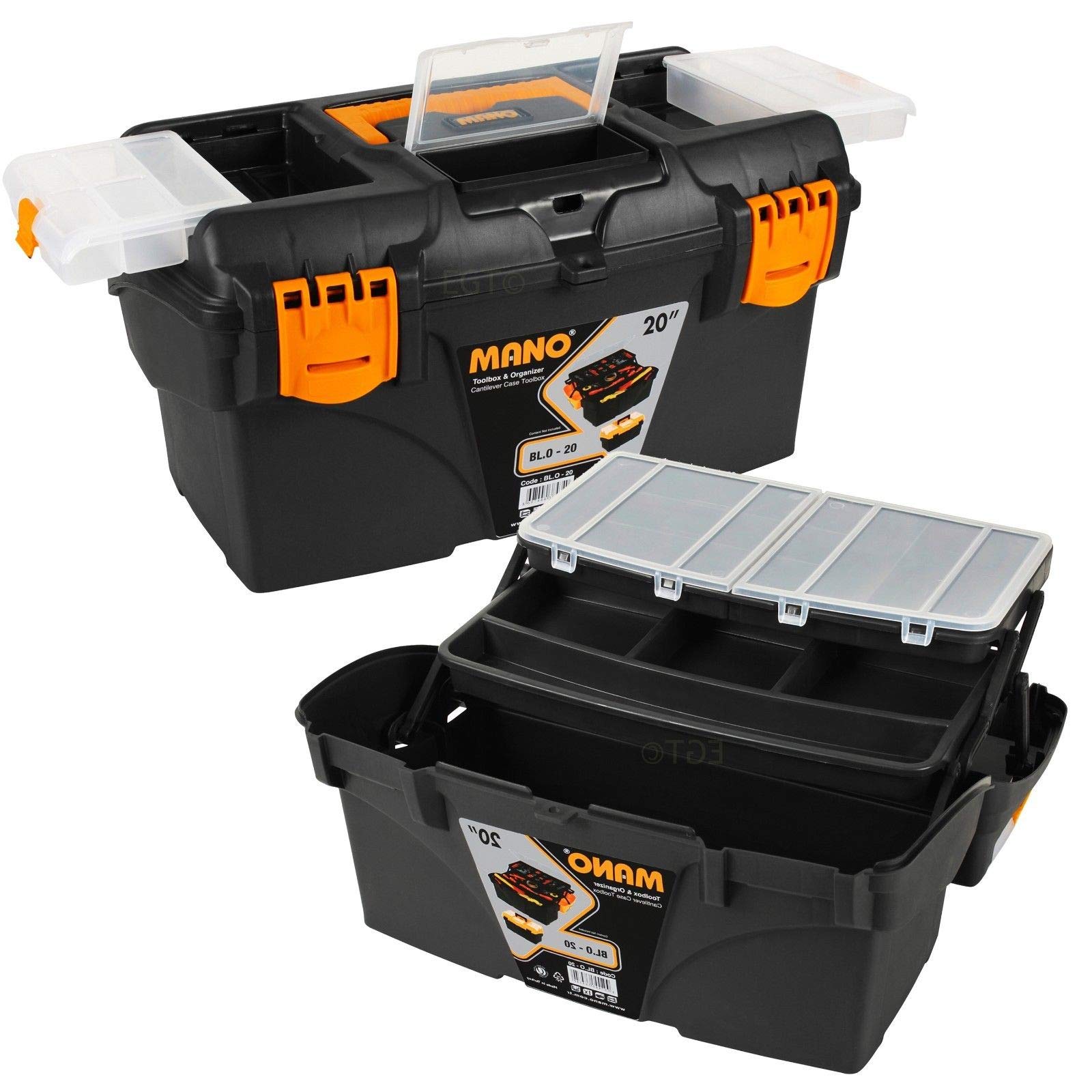 Urbnliving Black Large Cantilever Plastic Tool Box Chest Removable Storage Compartments