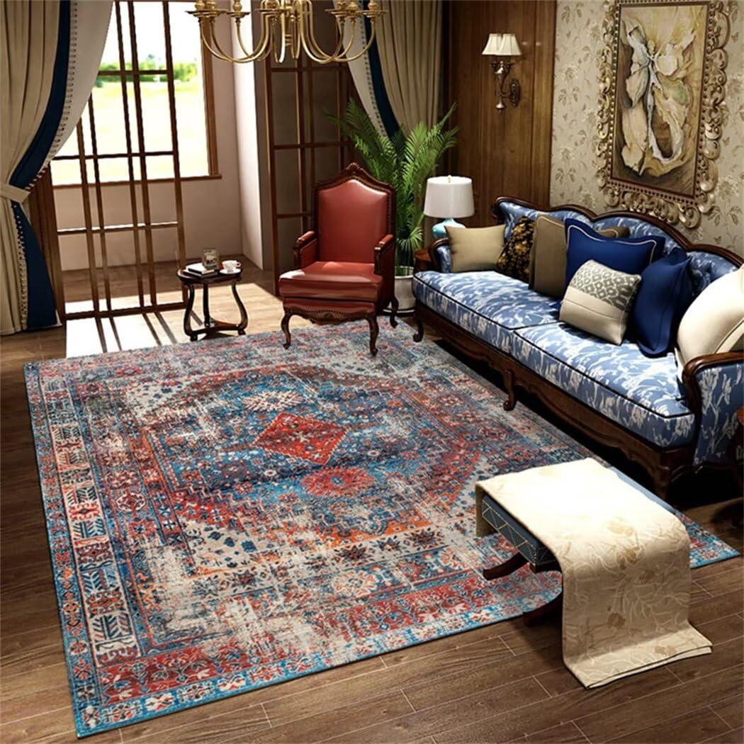 Tapis lavable en machine bleu imprimé rétro antidérapant