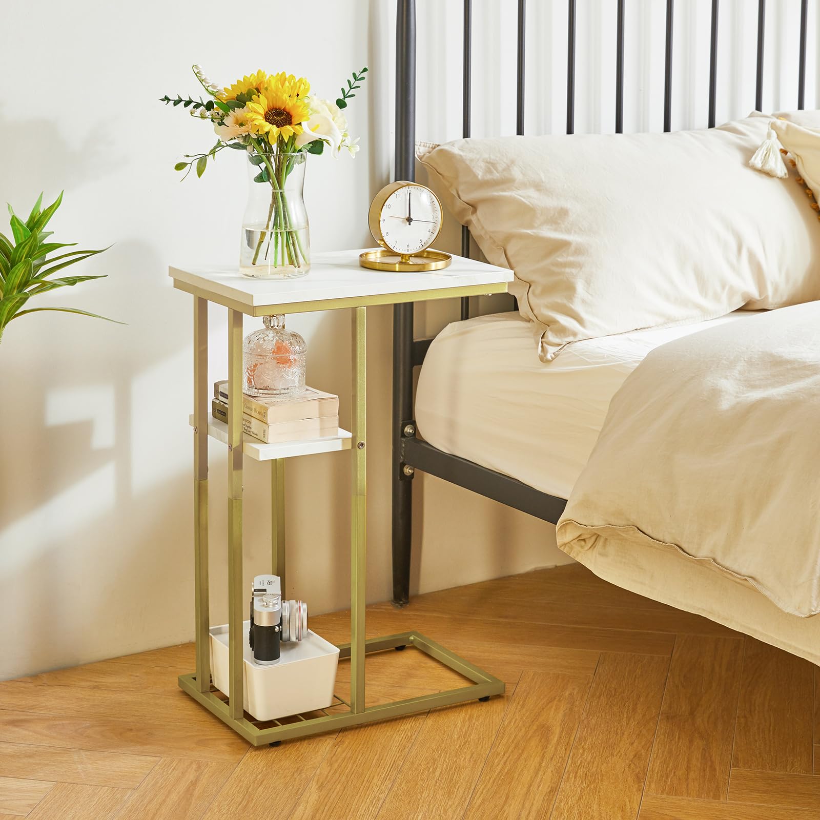 C-vormige bijzettafel set - industriële stijl - 2 stuks - wit/goud