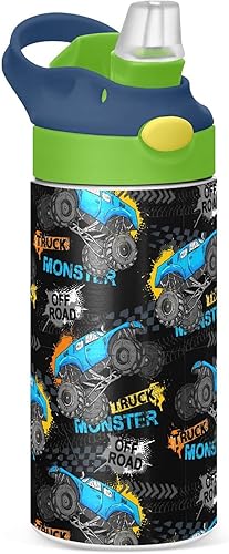 Monster Truck - Neumáticos aislados de acero inoxidable para niños pequeños, taza de acero con popote y asa, tazas para niños y niñas, escuela,