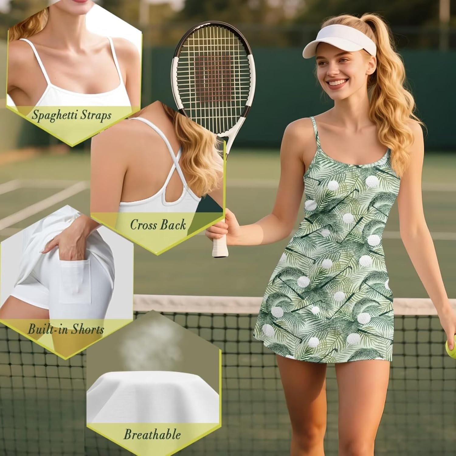Yewattles Womens Spaghetti Strap Tennis Dress with Shorts Workout Side Pockets Active Golf Dresses