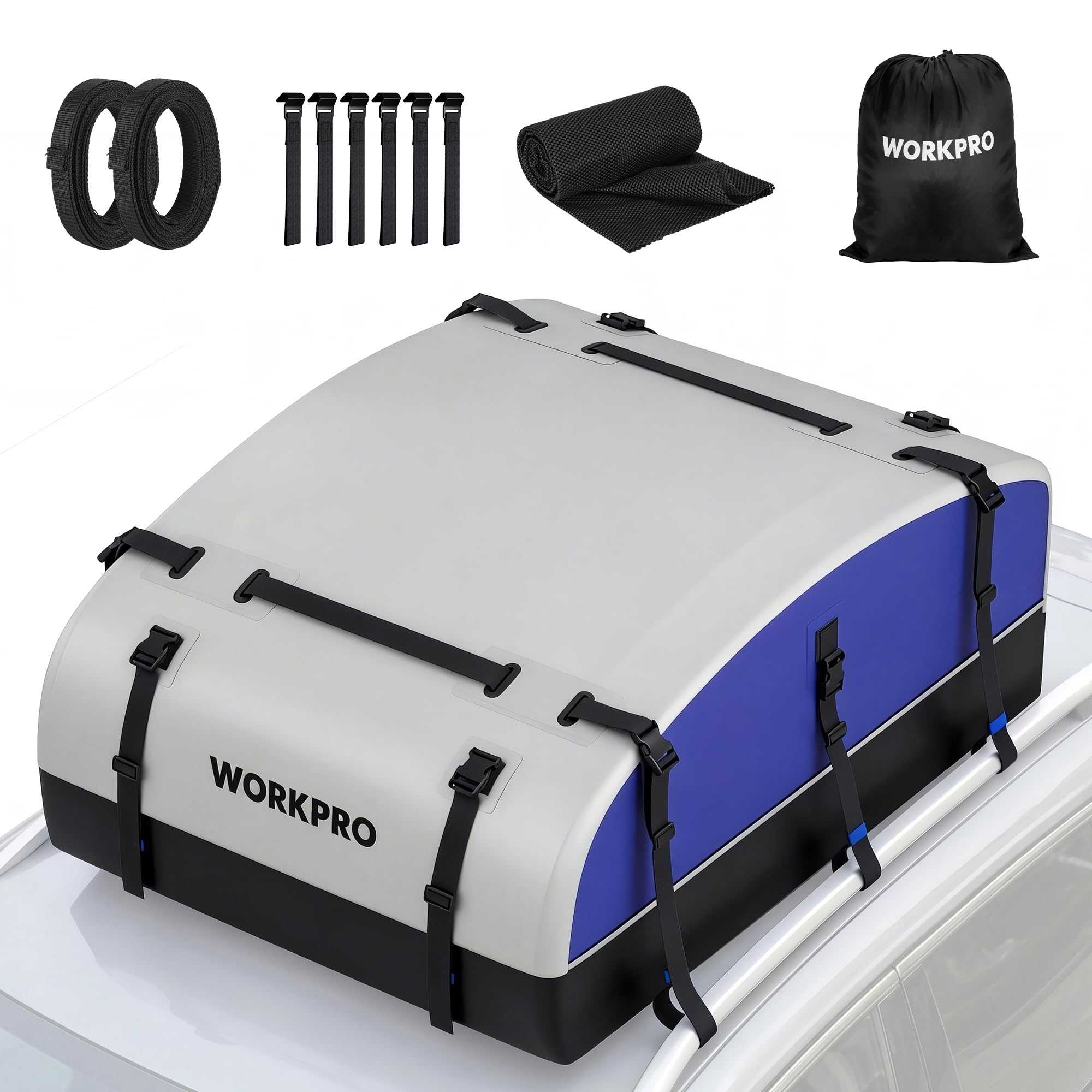 Photo 1 of WORKPRO 21 Cubic Feet Rooftop Cargo Carrier Roof Bag, Waterproof Roof Rack Cargo Carrier for Vehicles with/Without Rack, Heavy Duty 840D PVC, Includes Anti-Slip Mat, 6 Door Hooks and Storage Bag