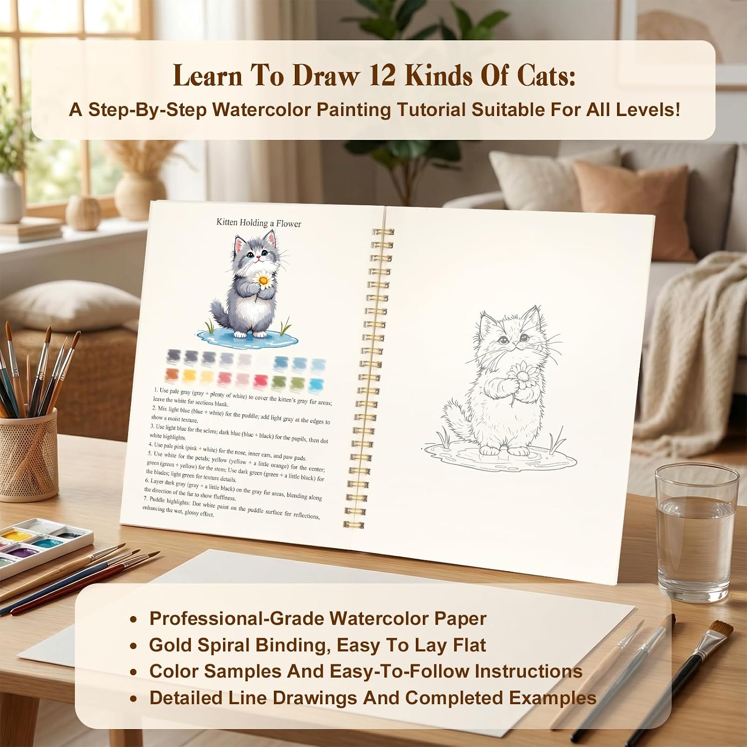 Watercolor Workbook for Adults, Beginner Friendly Water Coloring Book 12 Different Cat Patterns Sketch Illustration Water Color Painting Book for Art Practice Gift