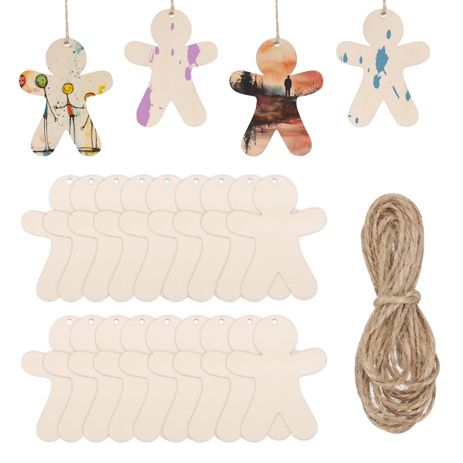 Personnages bois naturel PATIKIL 50pcs 10cm avec corde de jute