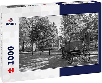 Noah Jigsaw Puzzle Amish Buggy at The LaGrange County, Indiana, Courthouse in Black White 1000 Pieces