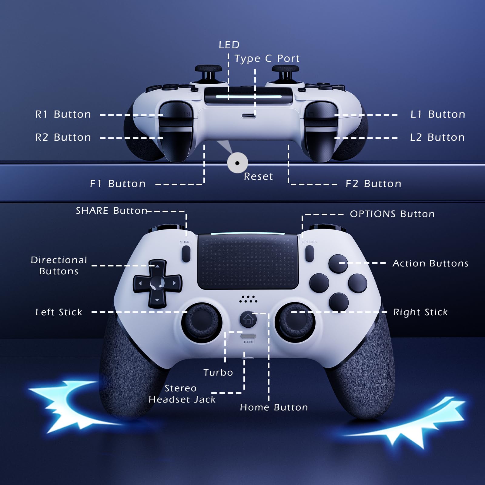 CHEREEKI Controller per PS4 Hall Joystick, Wireless Gamepad Compatibile con PS-4/Slim/Pro, Grande Batteria da 1000mAh Doppio Vibrazione, Sensori di Movimento, Touch Pad, Jack per Cuffie Stereo, Bianco