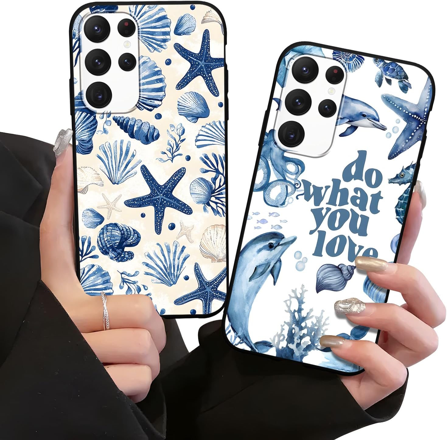 2 Pack Cute Ocean Phone Case for Samsung Galaxy S22 Ultra 5G 6.8",Kawaii Shell Dolphin Starfish Cases Summer Beach Aesthetic Cover,Black Soft TPU Protective Funda for Girls Women for S22 Ultra