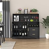 Vista 8 de Mueble Bar para el Hogar con Luz LED, Gabinete de Café con Estante para Vino y Copas, Gabinetes para Vino con Cajones y Soporte para Microondas