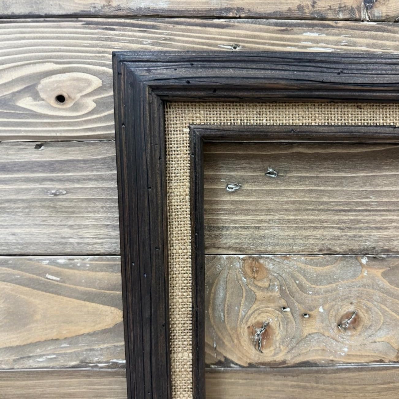 32, 43, 50 & 55 Inch Handmade wood ornate TV Frame for Samsung The Frame TV, Rustic Dark Wood Stain with Burlap fabric liner (not for use with other models) (55 INCH)