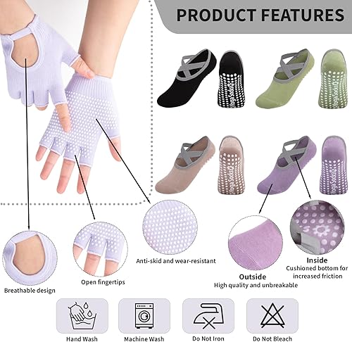 Miniatura 5 de Juego de 8 pares de calcetines de yoga con agarre para mujer, calcetines de pilates antideslizantes y guantes de entrenamiento para ejercicio sin