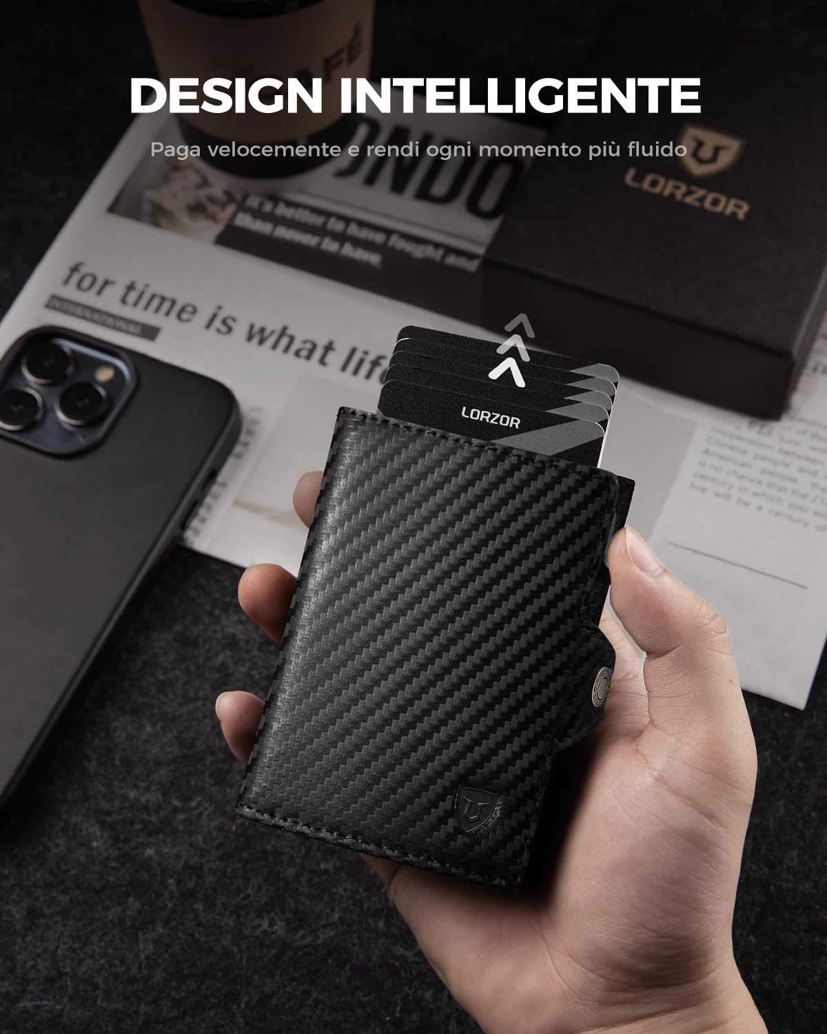 LORZOR® Portafoglio Uomo Slim Pelle, Portacarte Uomo con Protezione RFID & Portamonete, Porta Carte di Credito Pop-up Contenere 10 Carte, Porta Tessere Tascabile