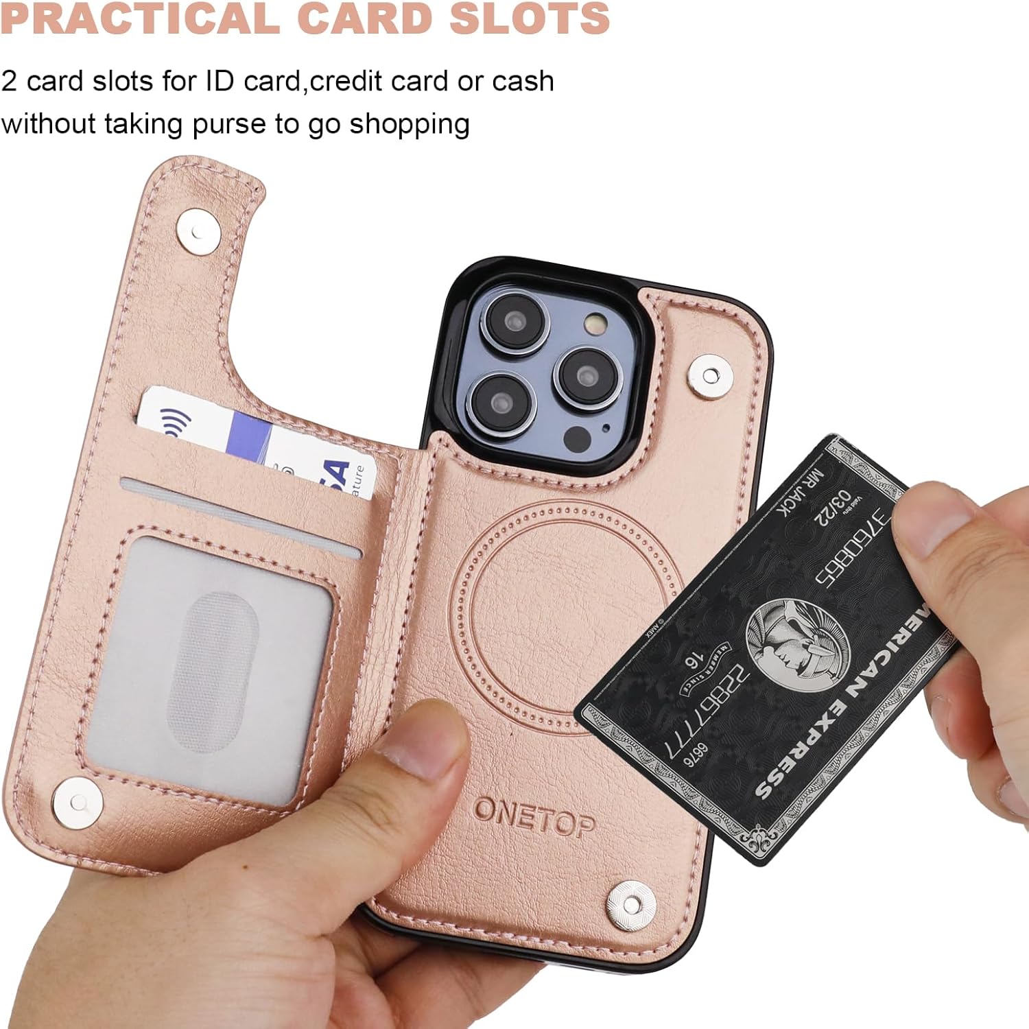 ONETOP Compatible with Magsafe for iPhone 14 Pro Wallet Case with Card Holder, PU Leather Kickstand RFID Blocking Case, Double Magnetic Clasp and Durable Shockproof Cover 6.1 Inch (Rose Gold)