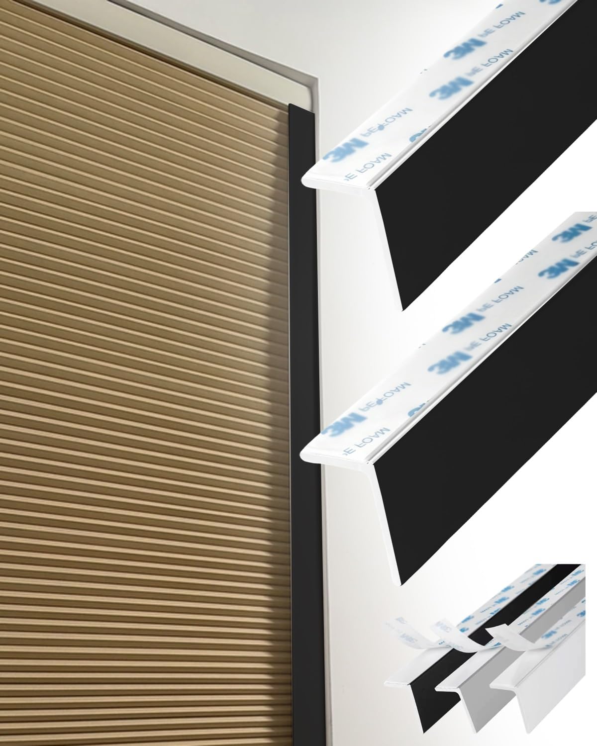 Light Gap Blockers 2 Pcs L-Type Light Blocking Strips for Windows, Curtain Edge Gap Blocker for Roller Shades, Cuttable PVC Door Side Shading Cover Adhesive(Black,74in/188cm)