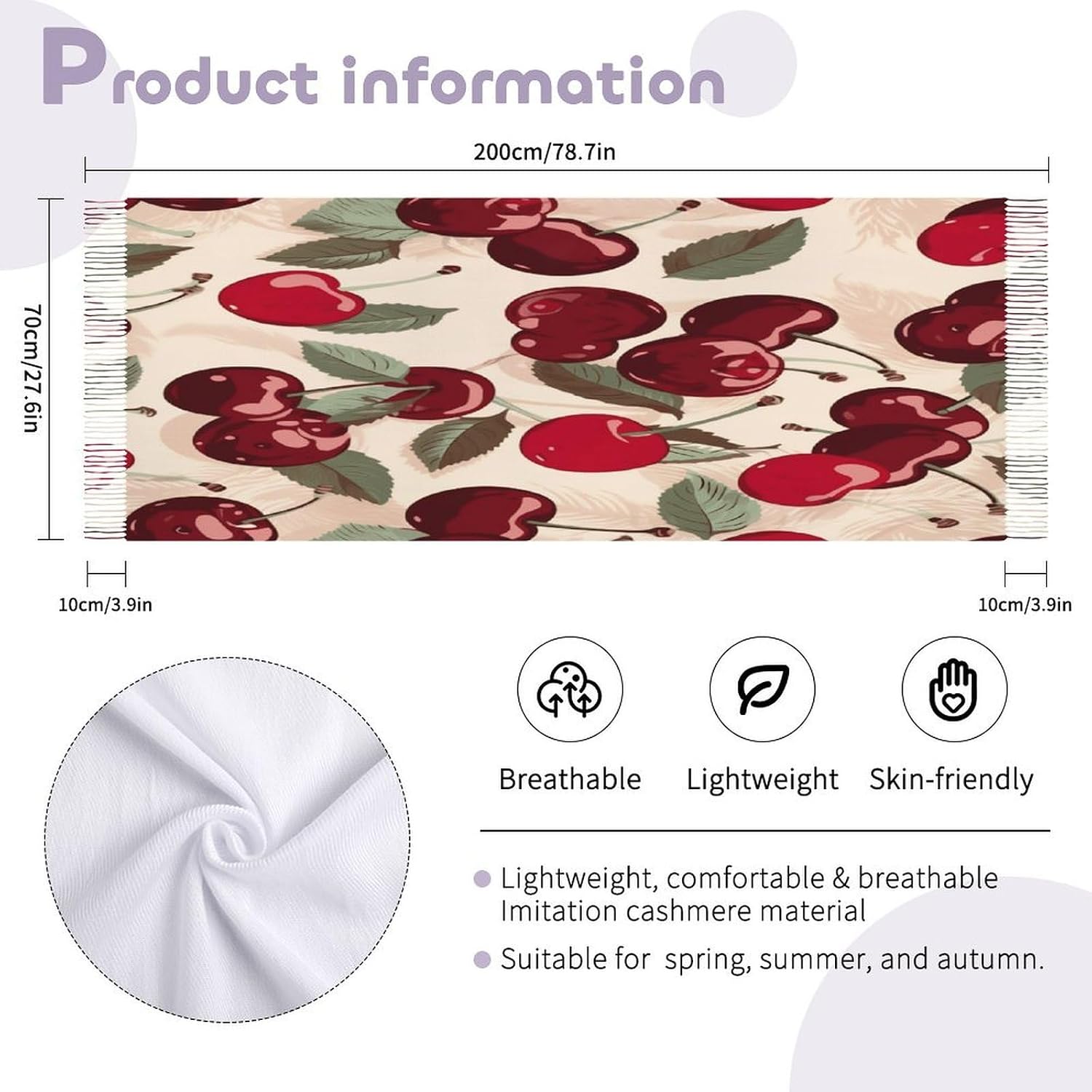 Cherry Pattern Scarf for Women Men Classic Fashion Blanket Scarves Soft Cashmere Feel Scarf Cold Weather Warm Long Shawl Winter Large Scarves Classic Blanket Scarfs Thick