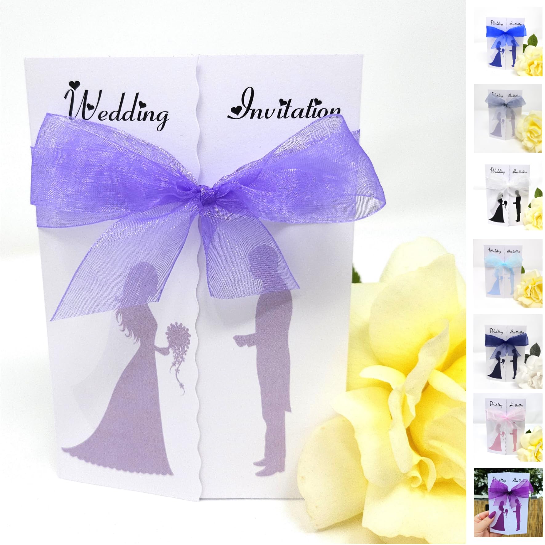 Pack of 10 Silouette Wedding Invitations with ribbon and envelopes- Gatefold style! (LILAC)