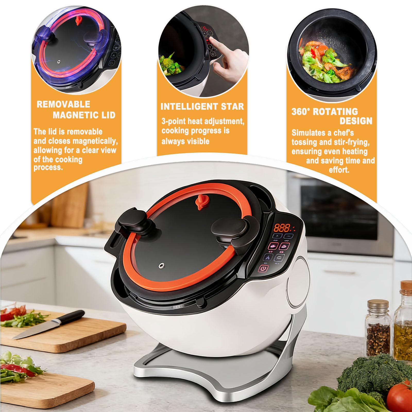 Macchina da cucina portatile, 6 l, con rotazione a 360°, 3 impostazioni di velocità, avvio intelligente con un clic per mescolare e cuocere in umido