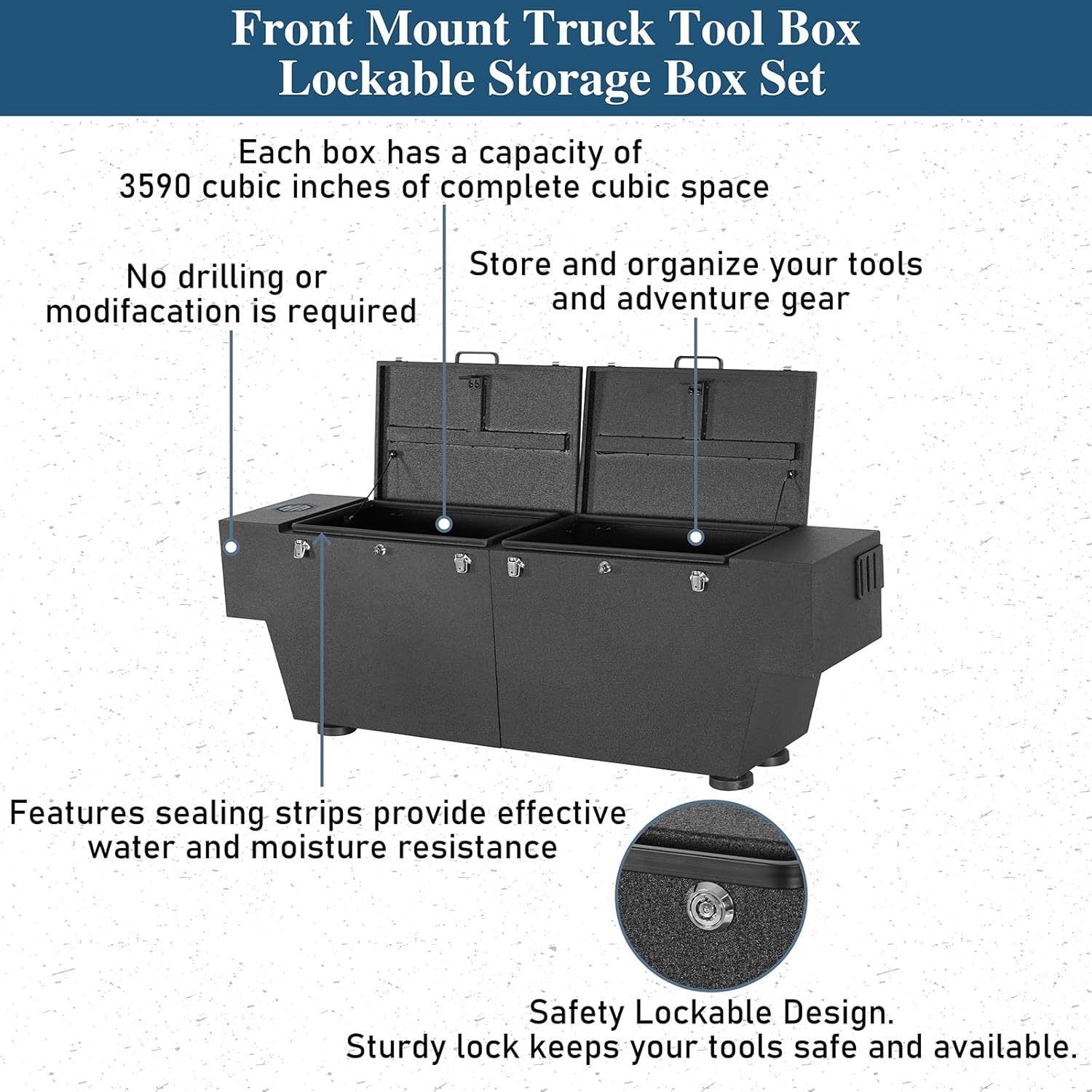 Hooke Road Tacoma Bed Tool Box Lockable Storage Box for Toyota Tacoma 5 FT Bed, Chevy Colorado & GMC Canyon 5'2" Truck, Heavy Duty Waterproof Organizer with Locks and Handles