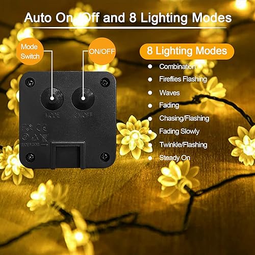 Miniatura 5 de Guirnalda de luces solares para jardín, luces de hadas de loto alimentadas por energía solar, 23 pies, 8 modos, 50 LED, impermeable, cadena de luces