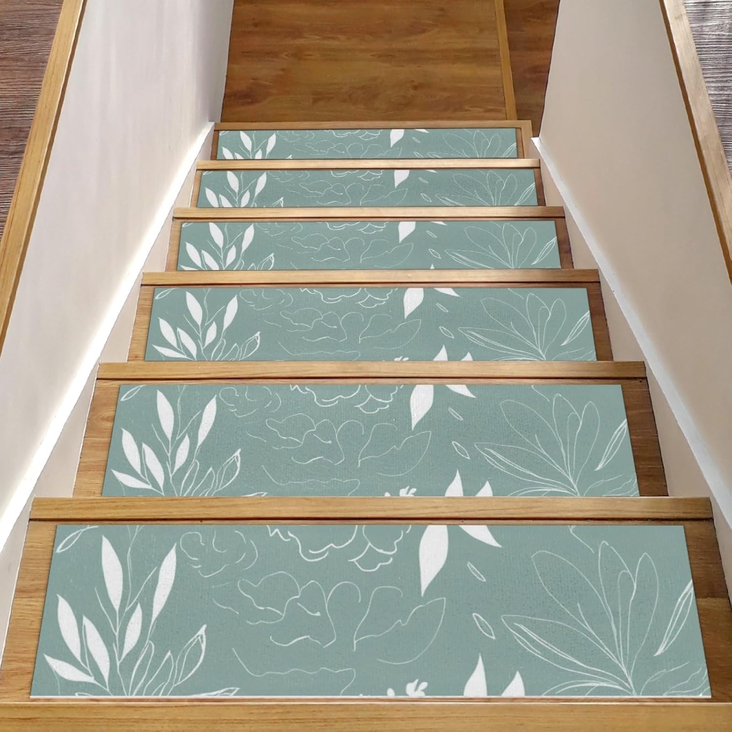 15pcs Sage Green Glowers and Leaves Stair Treads for Wooden Steps Non-Slip Machine Washable Carpet Stair Treads 8″X30″ Soft Indoor Edging Stair Rugs for Kids and Dogs, 100% Polyester, TPE Backing