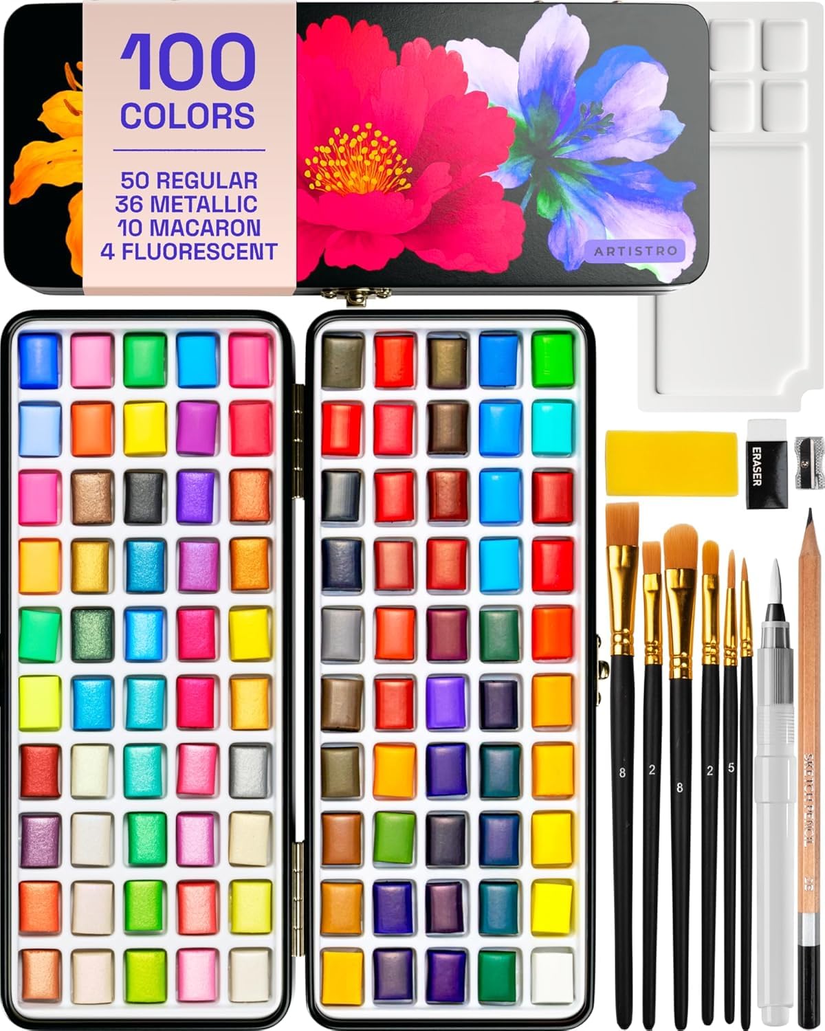 Deluxe Watercolor Paint Set with Palette & Brush Pens - 100 Colors | Travel Watercolor Paint Set, Portable Painting Kit for Adults, Artists & Kids, Professional Watercolor Supplies