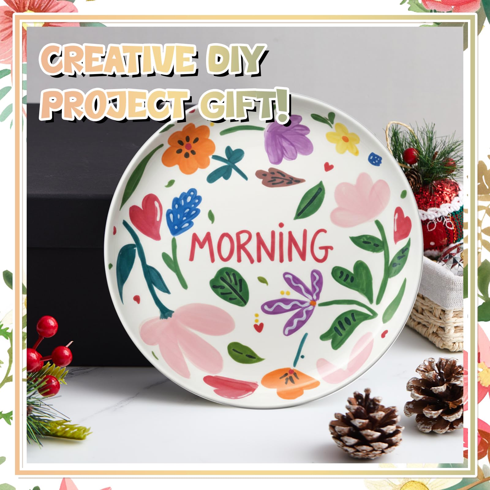 Sinmoe DIY Keramik Bemalen Set 3 Keramikplatte Weiß Servierplatte Salatteller 12 Porzellanstifte Spülmaschinenfest Keramikstifte Geschenkbox Weihnachten Mädelsabend Familie (Schmale Kante Rund,8 Zoll)