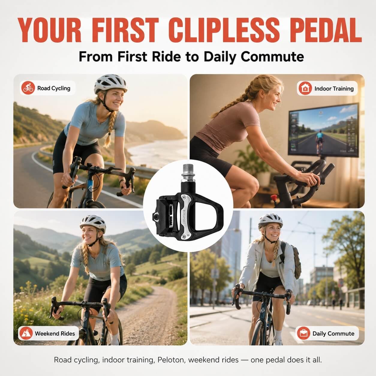WOWSPORT Pedales de bicicleta de carretera sin clip W500-9/16 pulgadas, diseño ultraligero sin clip con tacos de 3 pernos, compuesto de nailon y rodamientos sellados