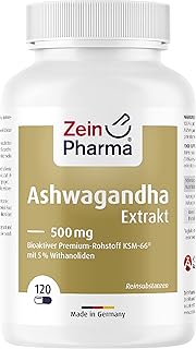 ZeinPharma Ashwagandha Extrakt 120 Kapseln 500mg - Ashwagandha Wurzel-Extrakt hochdosiert mit 5% Withanolide, Schlafbeere aus Indien, Nahrungsergänzungsmittel pflanzlich, laborgeprüft