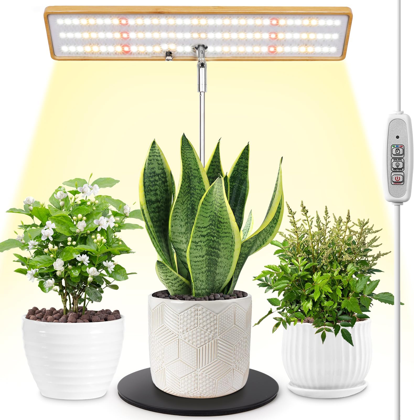 LORDEMGrow Lights for Indoor Plants, Bamboo Full Spectrum Plant Lights for Indoor Growing, Height Adjustable Desk Top Growing Lamp with Auto On/Off Timer 4H/8H/12H & 4 Dimmable Brightness, 1 Pack