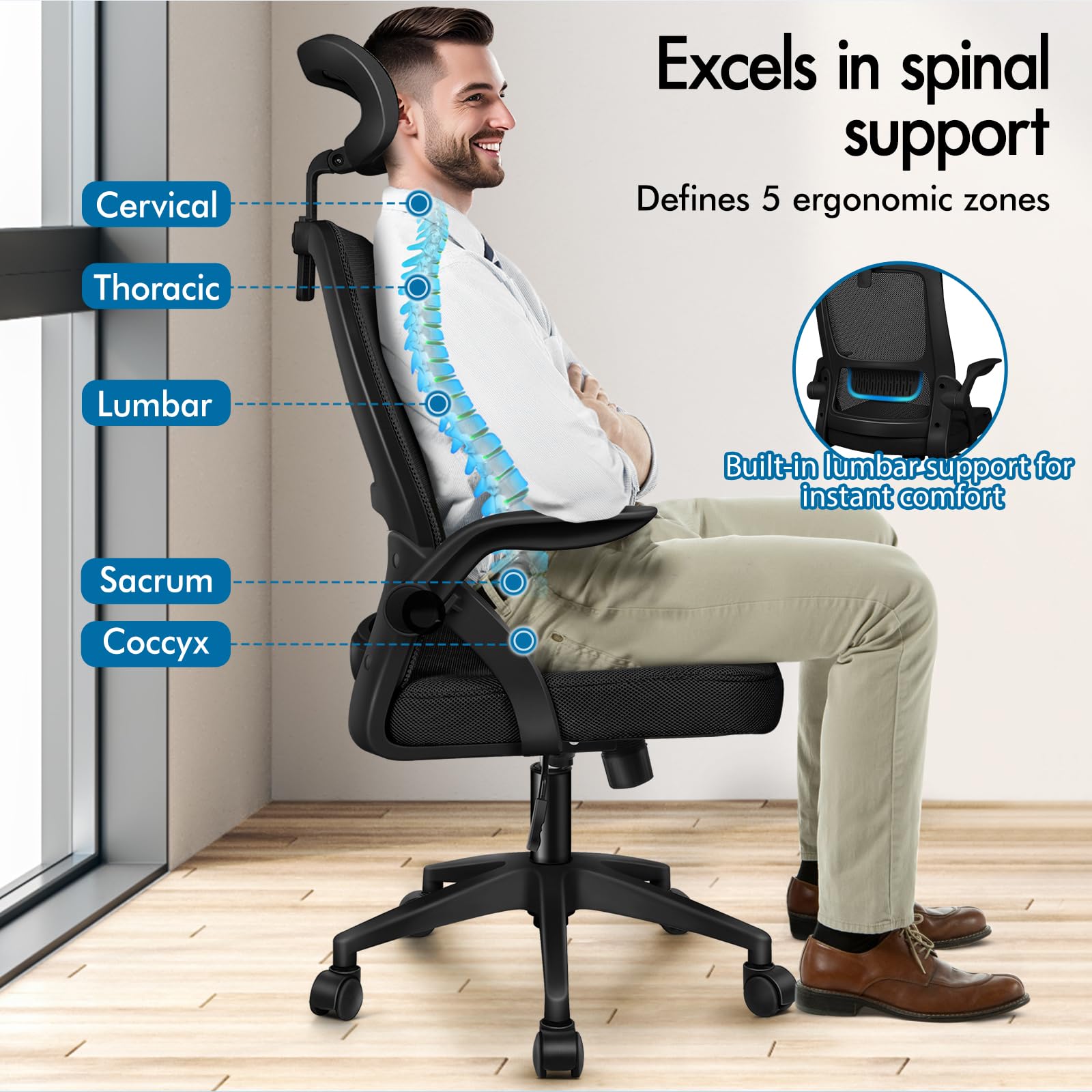 ALFORDSON Ergonomiczne krzesło biurowe, krzesło komputerowe z dynamicznym podparciem lędźwiowym, odchylane krzesło obrotowe ze składanym podłokietnikiem, czarne