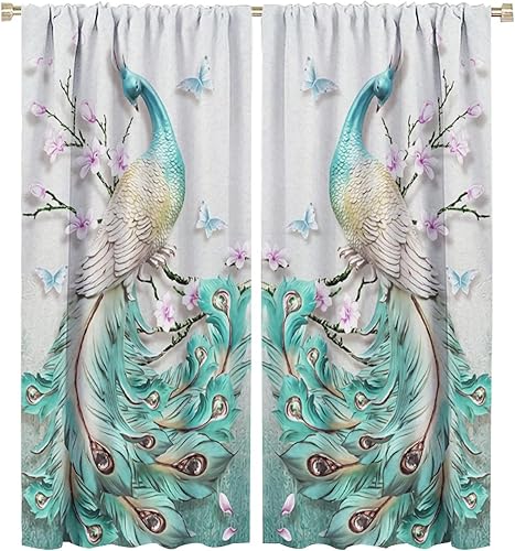 Miniatura 105 de Cortina opaca con estampado de pavo real, con estampado de animales retro, con bolsillo para cortinero y flores de peonía doradas, para dormitorio,