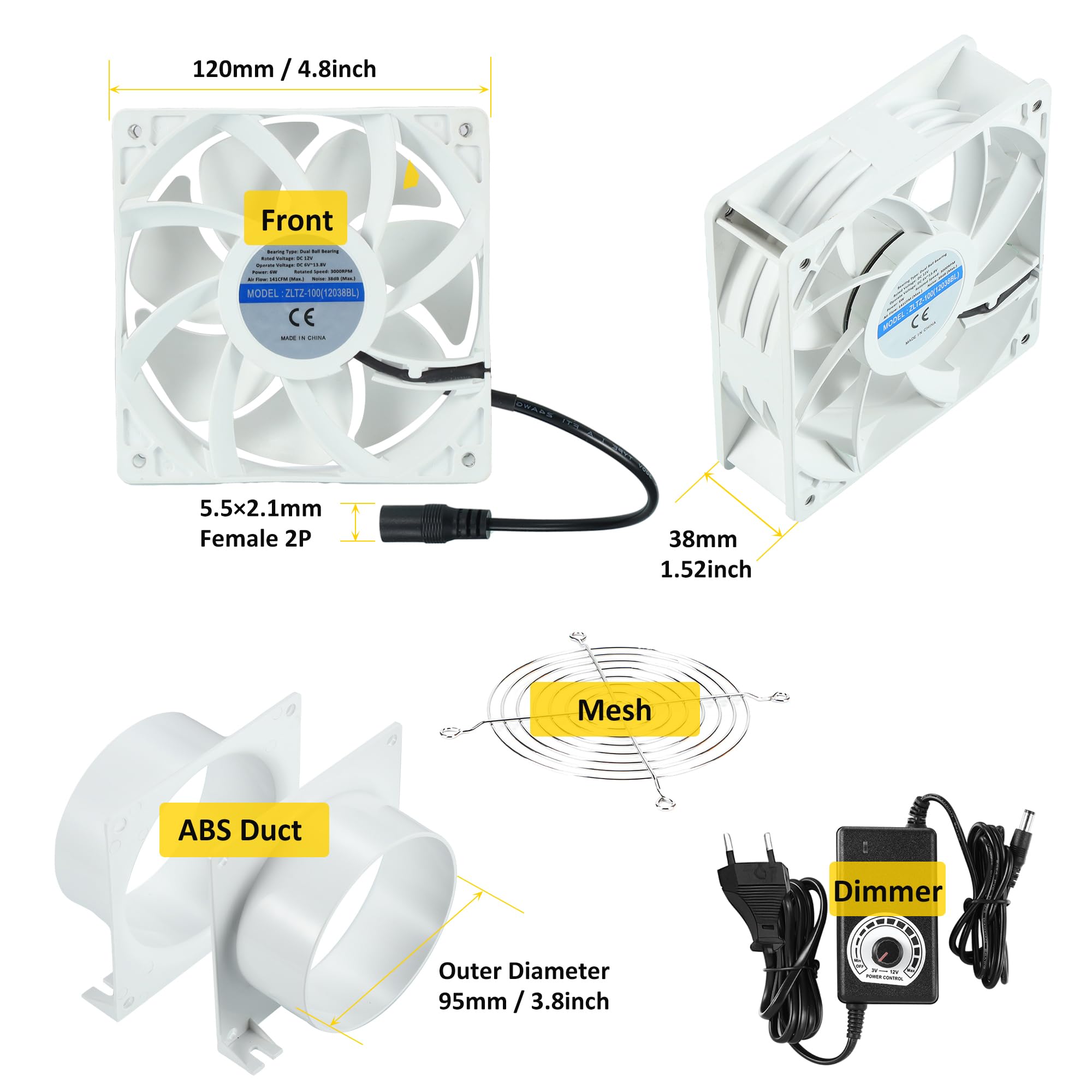 Ventilator, 12 V, afvoerventilator, diameter 100 mm, gelijkstroommotor, buisventilator met 2 m kanaalslang, regelaar voor 3D-laser, spuitcabine, kweektent, afvoersysteem