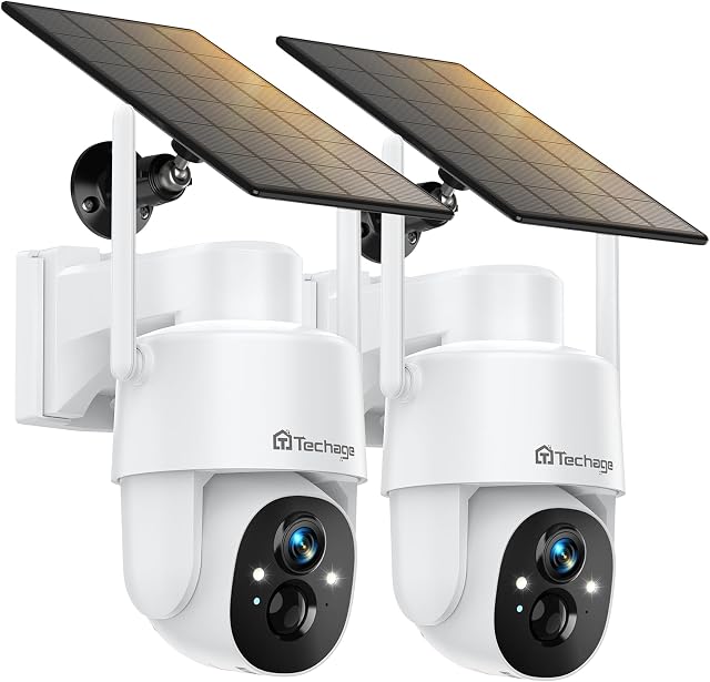 2K Security Cameras Outdoor Wireless, 2 Pack Solar Camera Wireless Outdoor with Battery, WiFi Cameras for Home Surveillance, 360° Pan & Tilt, Color Night Vision, 2-Way Audio, IP66, SD/Cloud Storage