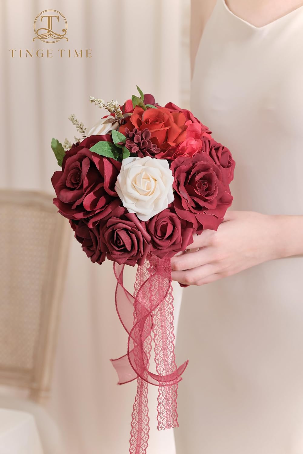 TINGE TIME Burgundy Bridesmaid Bouquets Set of 4 for Wedding Wedding Bouquets 7 Inch Artificial Silk Flowers Bridal Bouquets for Bridesmaids, Wedding Decor, Anniversary, Party