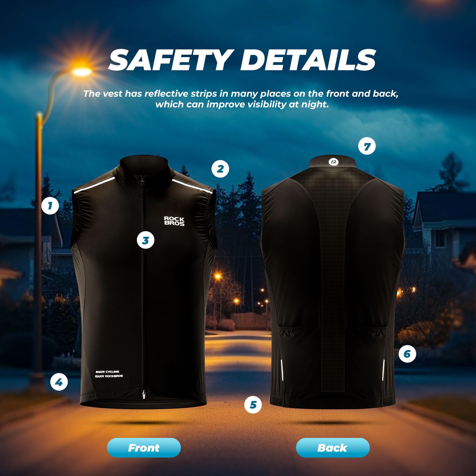 ROCKBROS Gilet da Ciclismo, Gilet Antivento Uomo, Gilet Traspirante Bici, Smanicato Leggero Catarifrangente Sportivo, Gilet Estivo Riflettente, Adatto per Corsa, Moto, Trekking, Escursione, Uomo Donna