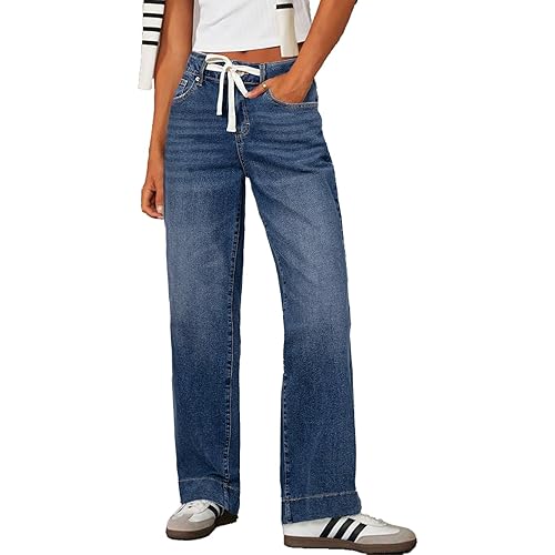 Sidefeel Women's Wide Leg Jeans High Waisted Stretchy Straight Leg Baggy Drawstring Zimbaplatinum Denim Pants