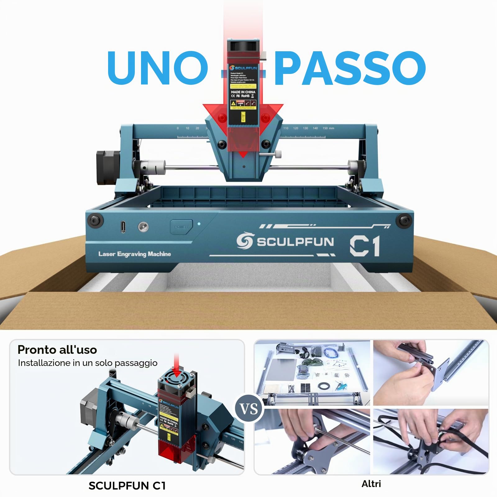 SCULPFUN Mini incisore laser C1, 3 W, portatile, con punto ultra fine da 0,04 mm, ideale per principianti fai da te, compensato, pelle, carta kraft, ardesia, area di incisione 150 x 130 mm