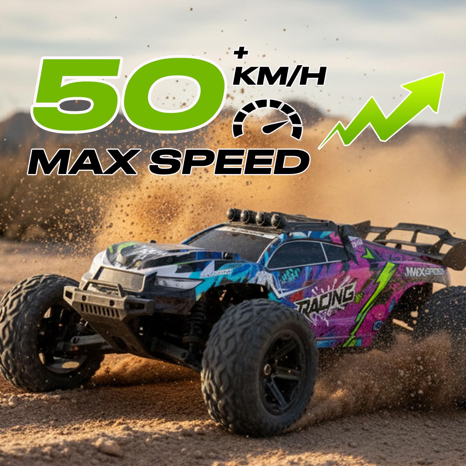 Coche RC 1:8 2WD 50KM/H con 2 Baterías 7.4V 2600mAh, Motor RC550, Control Proporcional 2.4GHz, Coche Todo Terreno con Luces LED, ESC 45A, Servo 6KG, Regalo Niño Adulto