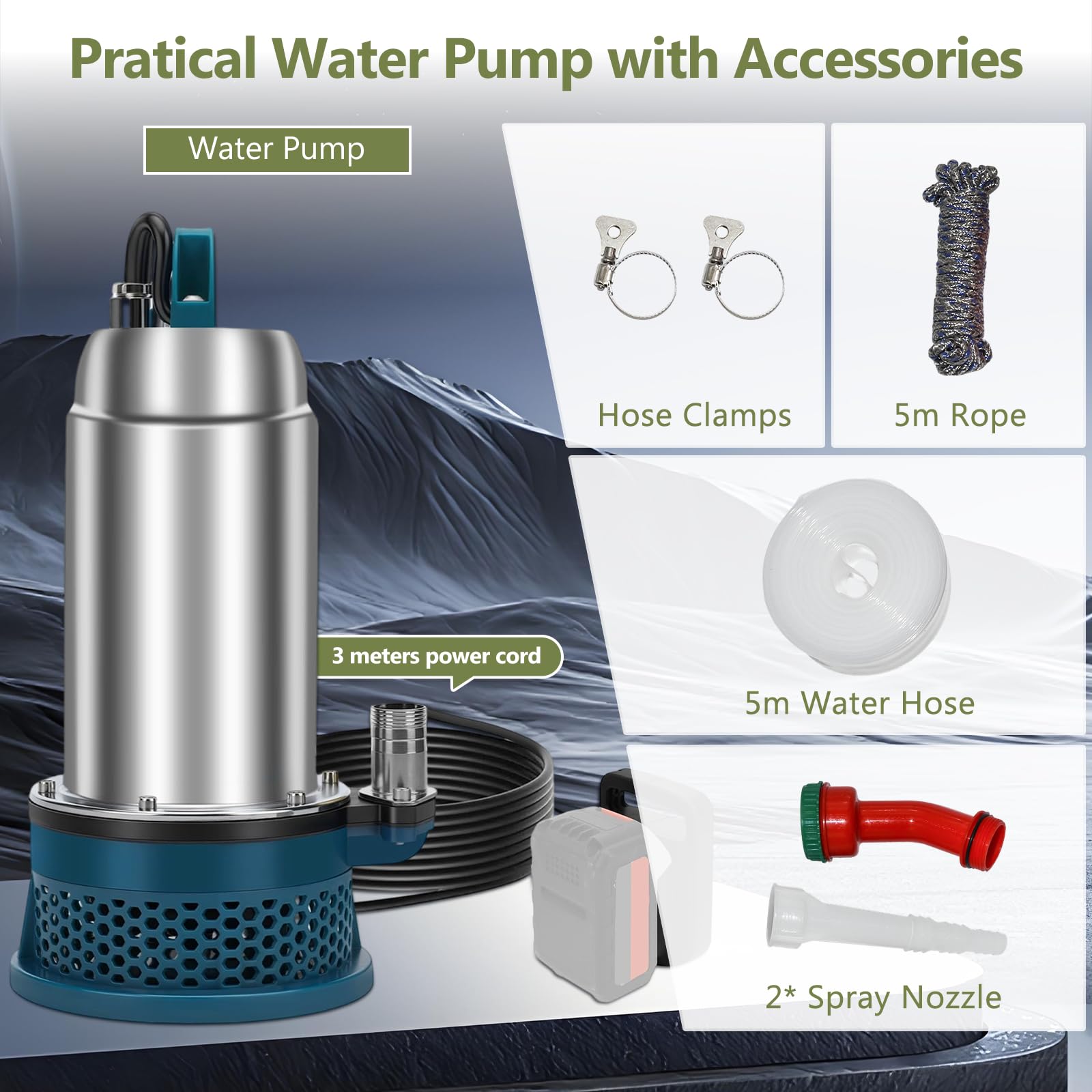 Bomba de agua Compatible con Makita 18V, 5000L/H Bomba Sumergible con Manguera de agua de 5 m, Cable de 3m, bomba de sumidero para Piscina, Camas de Agua, Ducha de Jardín, Charco, Agua Sucia