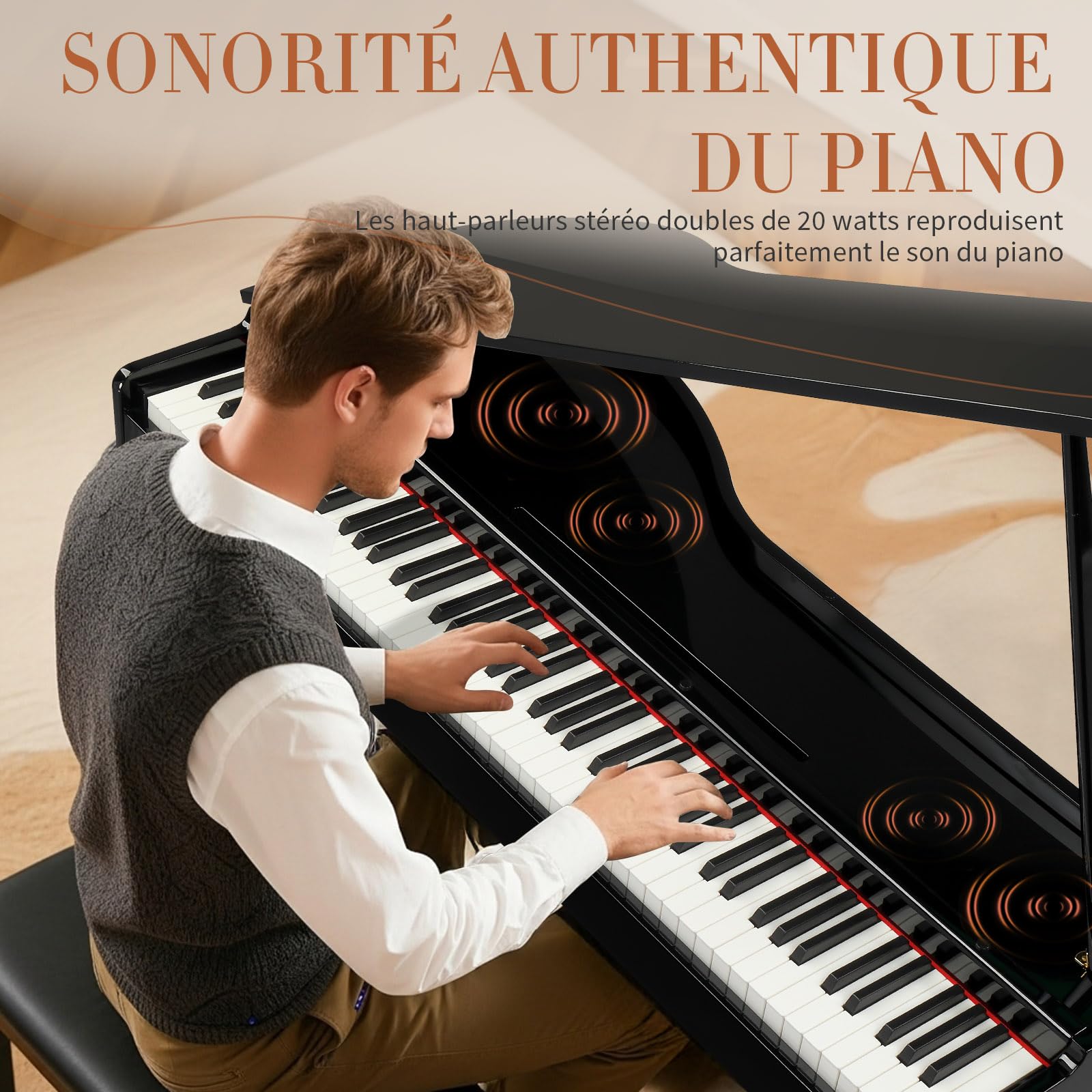 LEADZM Piano Numérique Marteaux 88 Touches, Piano Électrique avec Ressemblant à un Corps de Piano à Queue, avec MIDI-USB, Audio 4 Haut-Parleurs, Système à 3 Pédales, Noir