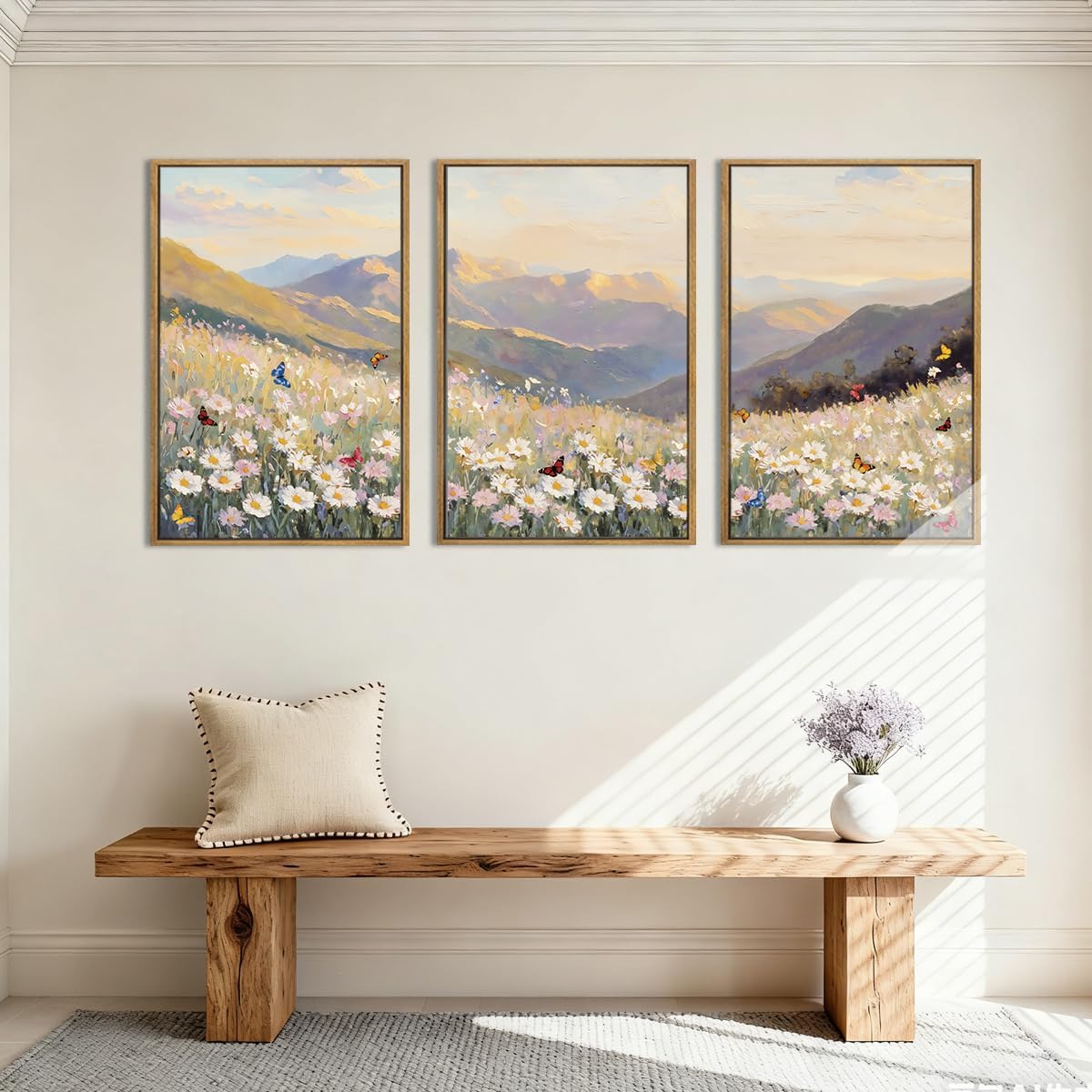 Large Boho Daisy Mountain Framed Canvas Wall Art Set,Watercolor Wildflower Botanical Wall Decor,Modern Flower Butterfly Landscape Artwork for Living Room,Bedroom,Farmhouse-24 x36 x3