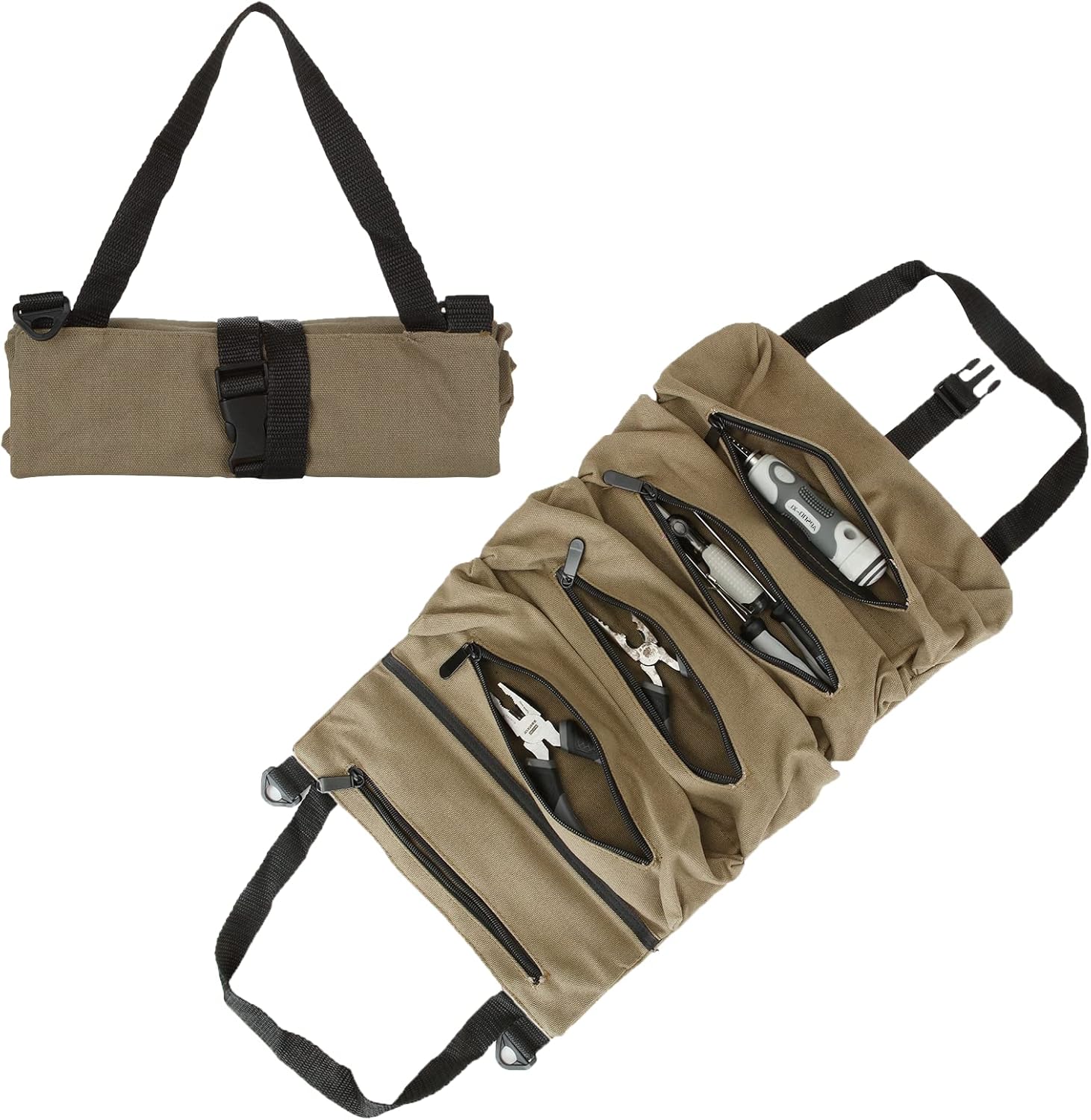 Canvas Tool Roll Bag, Portable Roll Up Tool Bag, Army Green Tool Roll