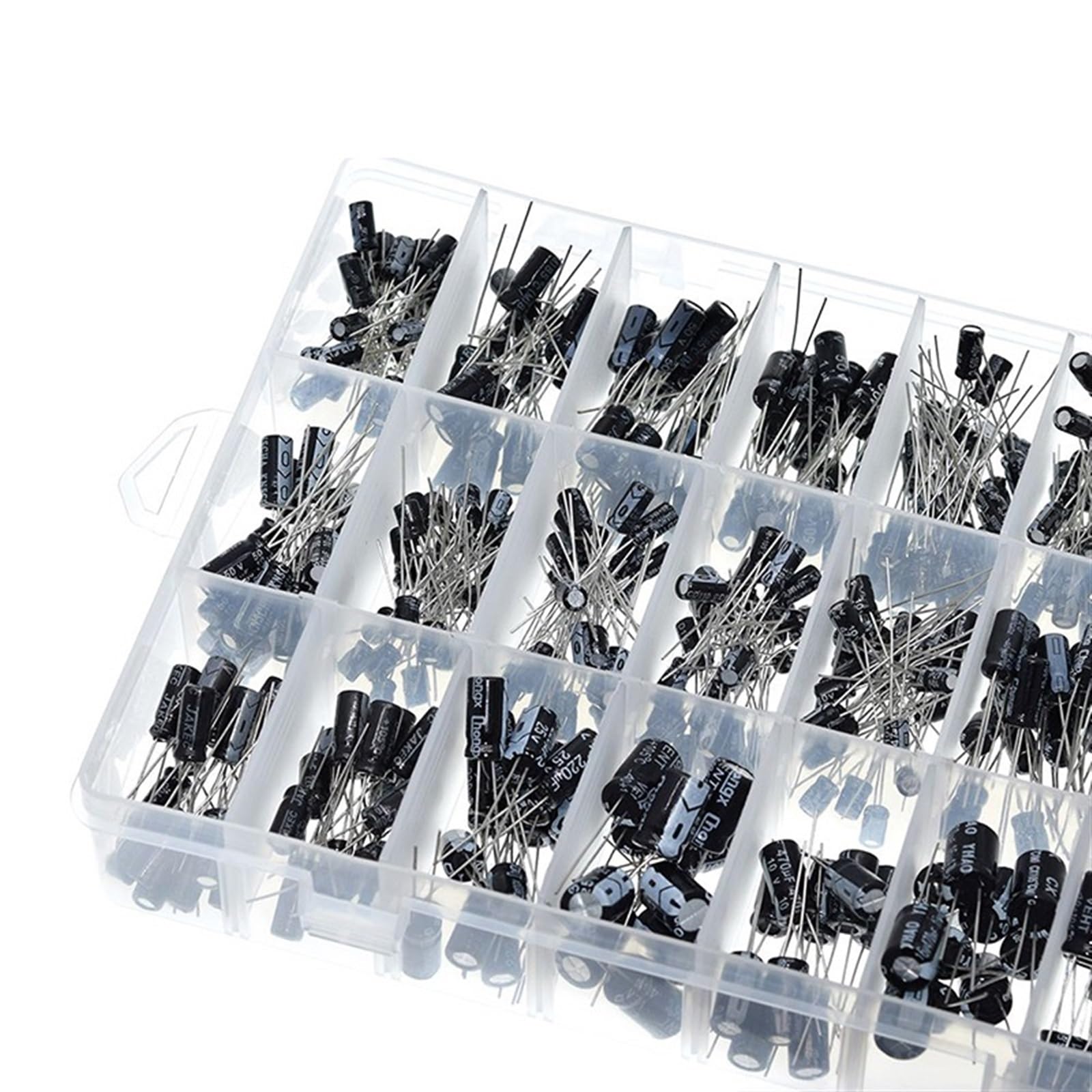 500 unids/lote 0,1 UF-1000UF 24 valores condensadores electrolíticos de aluminio 16-50V mezcla de condensadores electrolíticos kit surtido y caja de almacenamiento