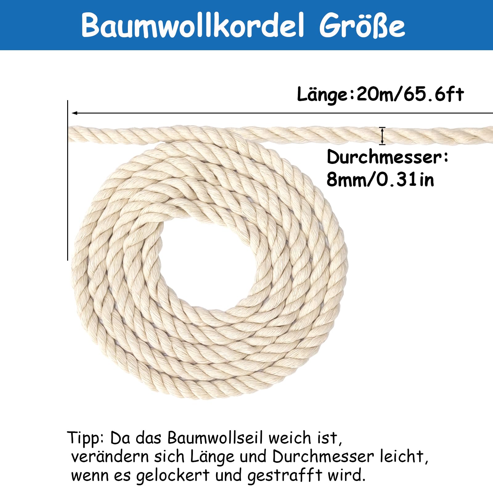 FOSER Corde en coton, Fil de macramé, Cordon de coton pour artisanat DIY, projets décoratifs, jouet pour animaux de compagnie (8mm(20M))