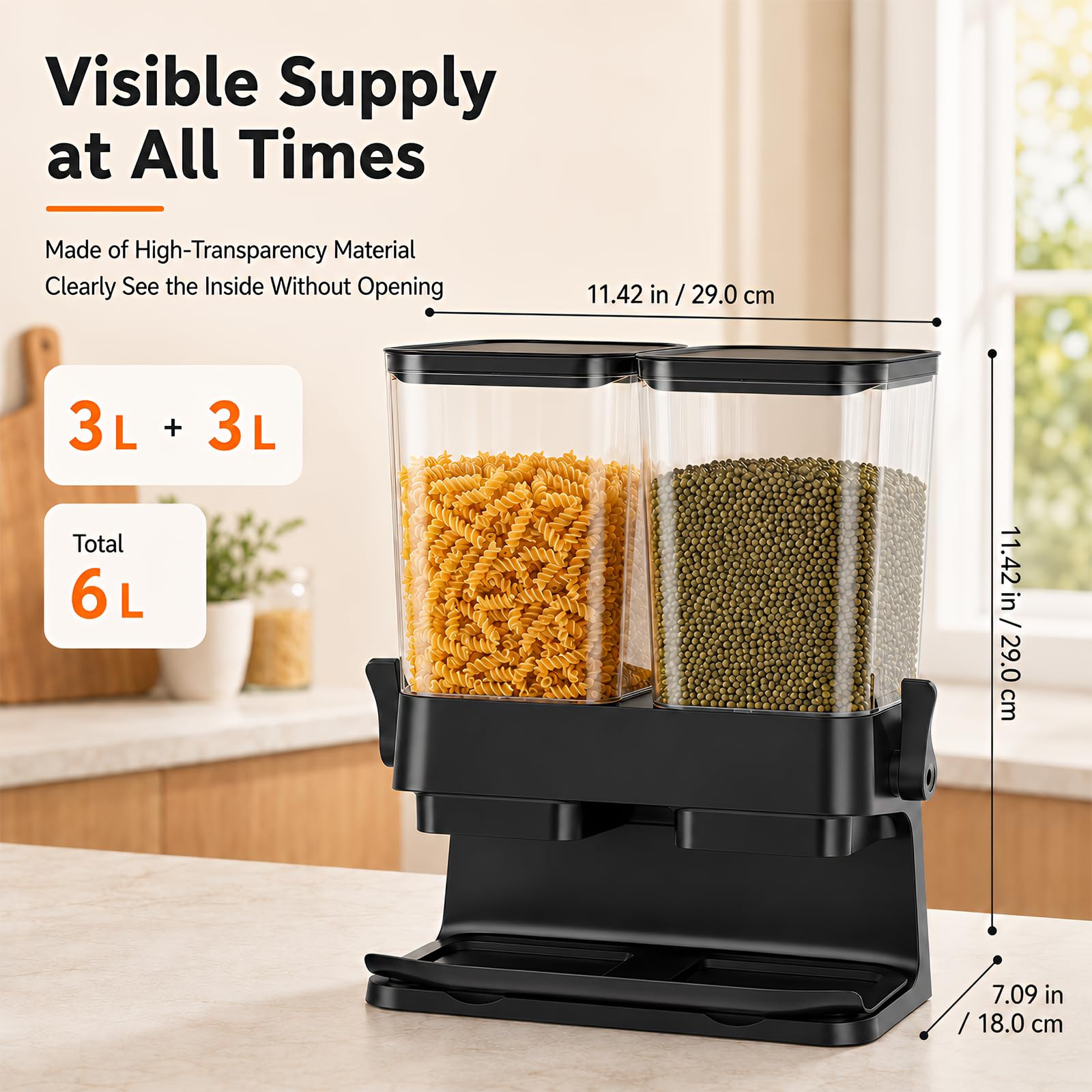 3L Große Müslispender mit Doppelbehälter, Cornflakes Spender aus ABS+PS, Cornflakes Behälter mit Deckel, Aufbewahrungsbox Küche Organizer für trockene Lebensmittel, Reis, Kaffeebohnen