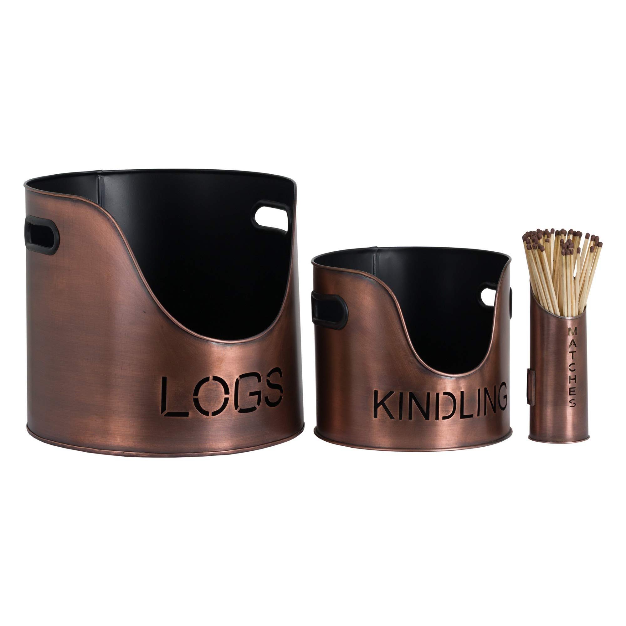 Hill 1975 Log's & Kindling Buckets + Matchstick Holder Copper Finish