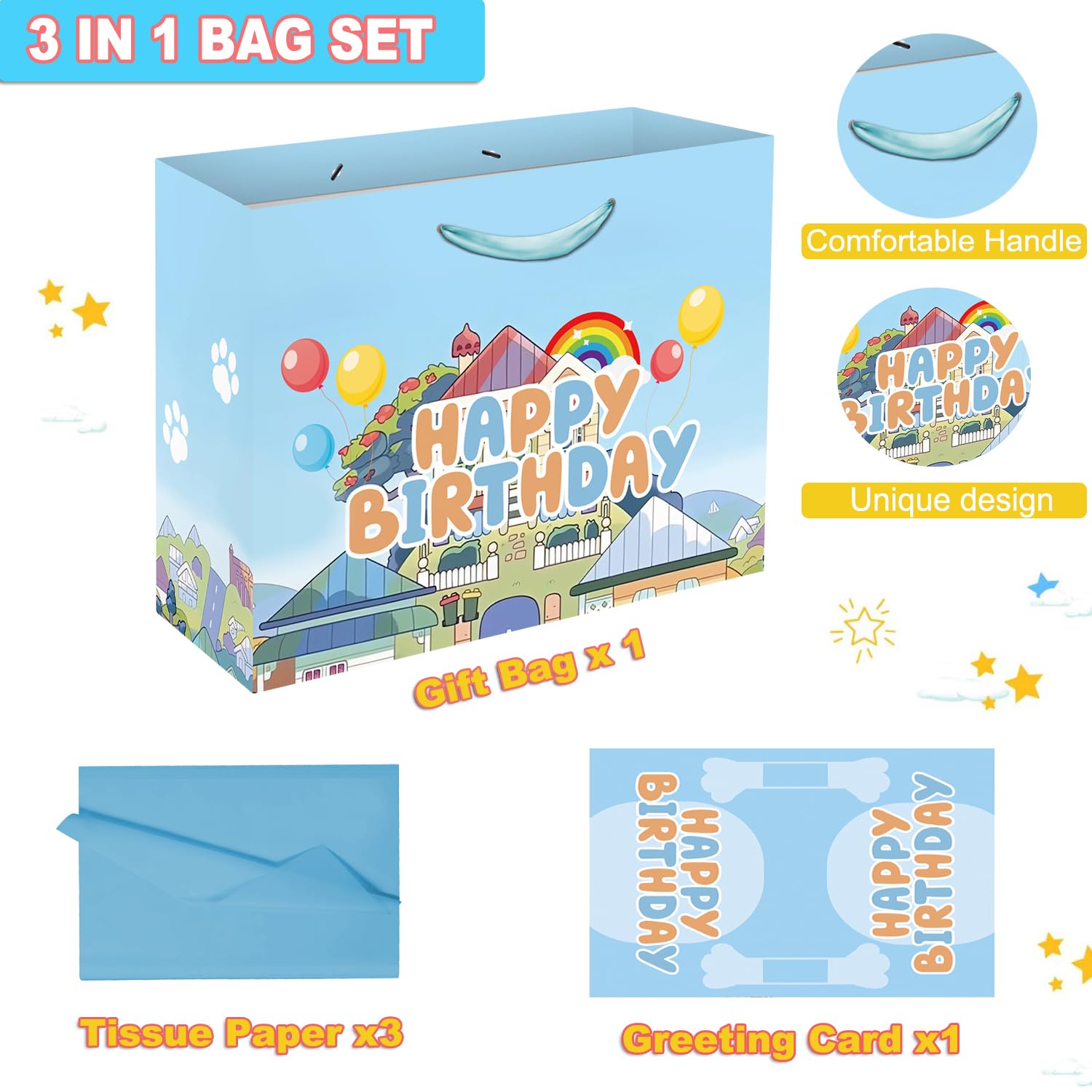 13" Large Cartoon Blue Dog House Party Supplies Gift Bag Set with Greeting Card and Tissue Papers, Blue Dog Theme Happy Birthday Gift Bags for Party Celebration Birthday Decorations